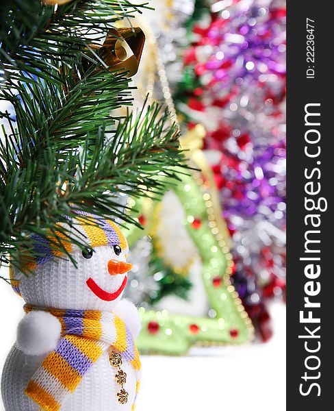 Colorful background with Christmas ornaments and snowman. Colorful background with Christmas ornaments and snowman