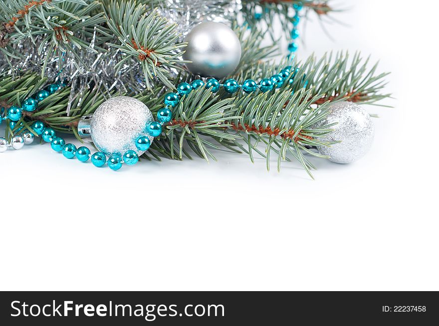 Christmas background with blue bead, decoration and fir branch. Christmas background with blue bead, decoration and fir branch