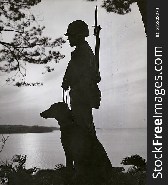 09-7928-28

Marines against the Sea - Marine sentries and War Dogs keep nightly
vigils along the shores of Okinawa to guard against surprise enemy
landings. Silhouetted by the setting sun are Leatherneck Private 1st
Class Lucien J. Vanasse, of 141 Prospect Street, Northampton, Mass, and
&quot;King&quot; a Doberman Pinscher of a Marine War Dog platoon. [Portraits.]
[World War 2. Pacific Theater.] [Scene.] WWII Pacific Island Combat
General file.