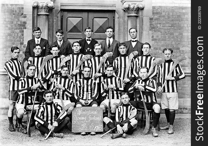 A team in Waterford with Kilkenny-like vertical stripes may not have been too popular in inter-county circles - but these lads look like they could cope with the slagging!  A fine Poole shot of a hurling team to remind us that yet another All Ireland season is in full swing.

With thanks to all of the contributions today, in particular Niall McAuley, swordscookie, j.coffey78, and guliolopez, we know that the team pictured &#x28;or at least most of them&#x29; challenged for the 1916 Waterford County Hurling Final around the time of this photo. They forced a replay with Ferrybank GAA club. But lost out to Ferrybank in the end 5-0 to 3-3. guliolopez helpfully links us to a write up of the replayed final which lists the team as:
&nbsp;T King &#x28;goal&#x29;, J Hogan, L Cantwell, R Cantwell, P Durley, T Smyth, W Walsh, J Power, M Fitzpatrick, M Baldwin, P Purcell, W Sullivan, T McCormack, J Geary, R McKenna

A player who didn&#x27;t make the replay &#x28;D Quinn&#x29; may also be captured here. It&#x27;s proposed that, as perhaps the person who commissioned the photo, J&#x28;ohn?&#x29; Hogan could be the captain pictured....


Photographer: A. H. Poole

Collection:  Poole Photographic Studio, Waterford

Date:ca. 14 October 1916

NLI Ref:  POOLEWP 2692

You can also view this image, and many thousands of others, on the NLIâ€™s catalogue at catalogue.nli.ie. A team in Waterford with Kilkenny-like vertical stripes may not have been too popular in inter-county circles - but these lads look like they could cope with the slagging!  A fine Poole shot of a hurling team to remind us that yet another All Ireland season is in full swing.

With thanks to all of the contributions today, in particular Niall McAuley, swordscookie, j.coffey78, and guliolopez, we know that the team pictured &#x28;or at least most of them&#x29; challenged for the 1916 Waterford County Hurling Final around the time of this photo. They forced a replay with Ferrybank GAA club. But lost out to Ferrybank in the end 5-0 to 3-3. guliolopez helpfully links us to a write up of the replayed final which lists the team as:
&nbsp;T King &#x28;goal&#x29;, J Hogan, L Cantwell, R Cantwell, P Durley, T Smyth, W Walsh, J Power, M Fitzpatrick, M Baldwin, P Purcell, W Sullivan, T McCormack, J Geary, R McKenna

A player who didn&#x27;t make the replay &#x28;D Quinn&#x29; may also be captured here. It&#x27;s proposed that, as perhaps the person who commissioned the photo, J&#x28;ohn?&#x29; Hogan could be the captain pictured....


Photographer: A. H. Poole

Collection:  Poole Photographic Studio, Waterford

Date:ca. 14 October 1916

NLI Ref:  POOLEWP 2692

You can also view this image, and many thousands of others, on the NLIâ€™s catalogue at catalogue.nli.ie