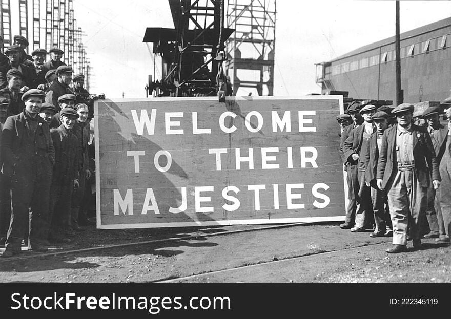 This is a photograph of Shipyard workers standing beside a sign reading &#x27;Welcome to their Majesties&#x27; and welcoming King George VI and Queen Elizabeth to the shipyard of John Readhead &amp; Sons Ltd, South Shields, 7 April 1943 

Reference: 1061/1209/4

On 22 November Prince William will be visiting Sunderland and South Tyneside to take part in a number of youth development events.  During the visit he will also officially open Haven Point, the new leisure centre in South Shields.

To celebrate this Tyne &amp; Wear Archives has produced a short flickr set remembering past royal visits to the region’s shipyards.  Most of the visits featured here took place during difficult times and they gave a real boost to public spirits in the face of two World Wars.

A short blog relating to these images can be read  here .

These images are part of the Tyne &amp; Wear Archives Shipyard Collection. In July 2013 the outstanding historical significance of the Collection was recognised by UNESCO through its inscription to the UK Memory of the World Register.

&#x28;Copyright&#x29; We&#x27;re happy for you to share these digital images within the spirit of The Commons. Please cite &#x27;Tyne &amp; Wear Archives &amp; Museums&#x27; when reusing. Certain restrictions on high quality reproductions and commercial use of the original physical version apply though; if you&#x27;re unsure please email archives@twmuseums.org.uk
