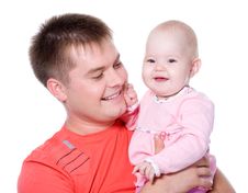 Happy Father With Smile Holding His Baby Stock Photos