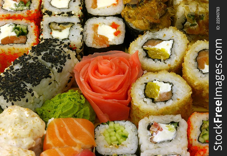 Assortment of traditional Japanese Sushi close-up.