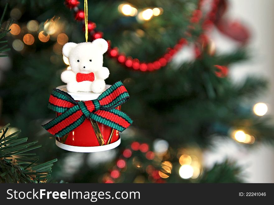 Christmas ornament with bear sitting on a drum. Christmas ornament with bear sitting on a drum