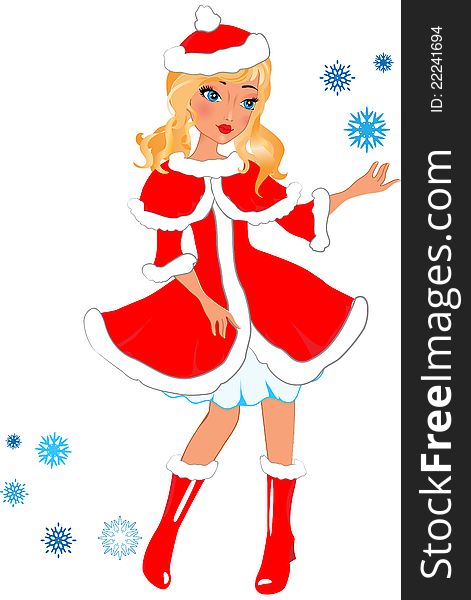 Snow maiden girl with snowflakes in red dress