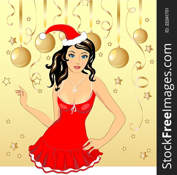 Christmas girl in red dress on gold background