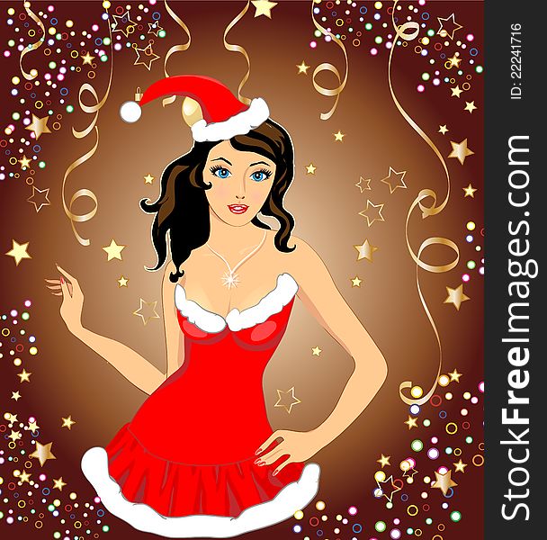 Pretty Christmas girl in red dress on background