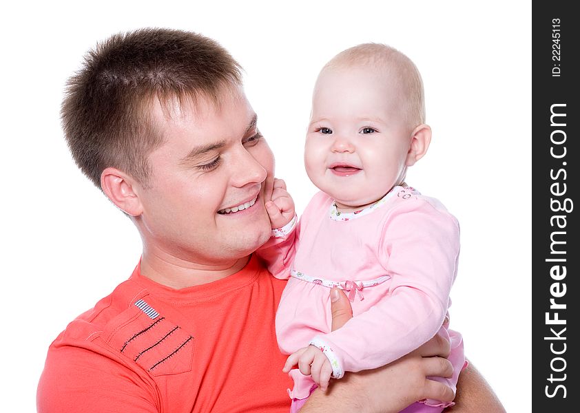 Happy young father with attractive smile holding his baby on white background. Happy young father with attractive smile holding his baby on white background