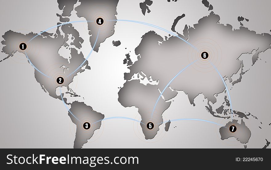 Global networking symbol of international communication featuring a world map concept with connecting technology communities using computers and other digital devices