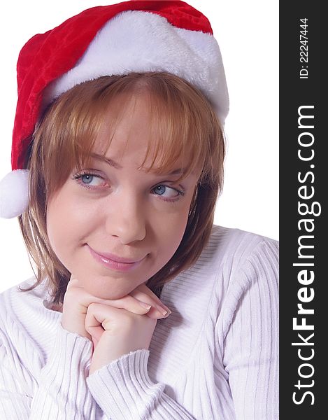 Girl with christmas hat over white. Girl with christmas hat over white