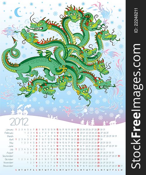 Dragon with twelve heads, year dragon, calendar 2012, vector illustration