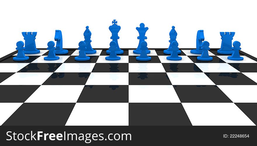 Close up of a chess board with the pieces in starting position (3d render)