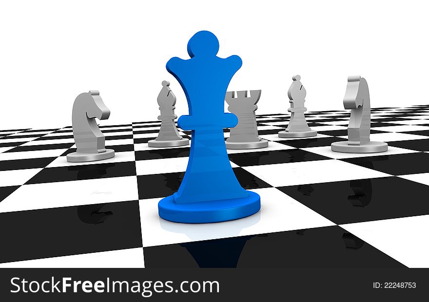 Close up of a chess board with one piece on front and some of different color on background (3d render)