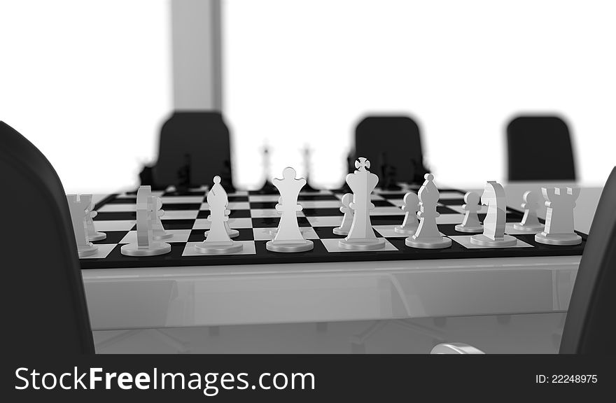 One meeting room with a chessboard over the table (3d render)
