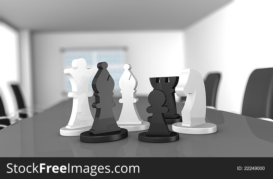 One meeting room with a chess pieces over the table (3d render)