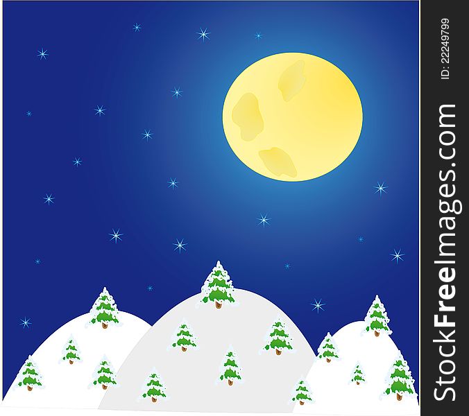 Night winter landscape with  trees and  moon - Vector Illustration