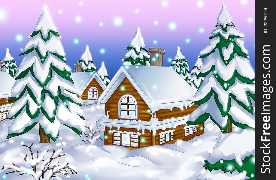 Illustration of houses in wintertime