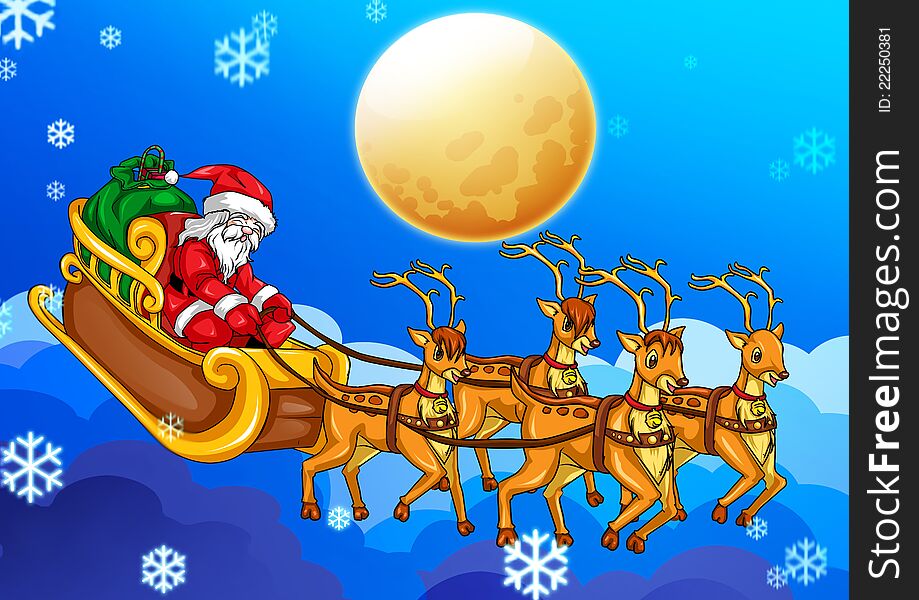 Illustration of Santa Claus riding his sleigh on blue background