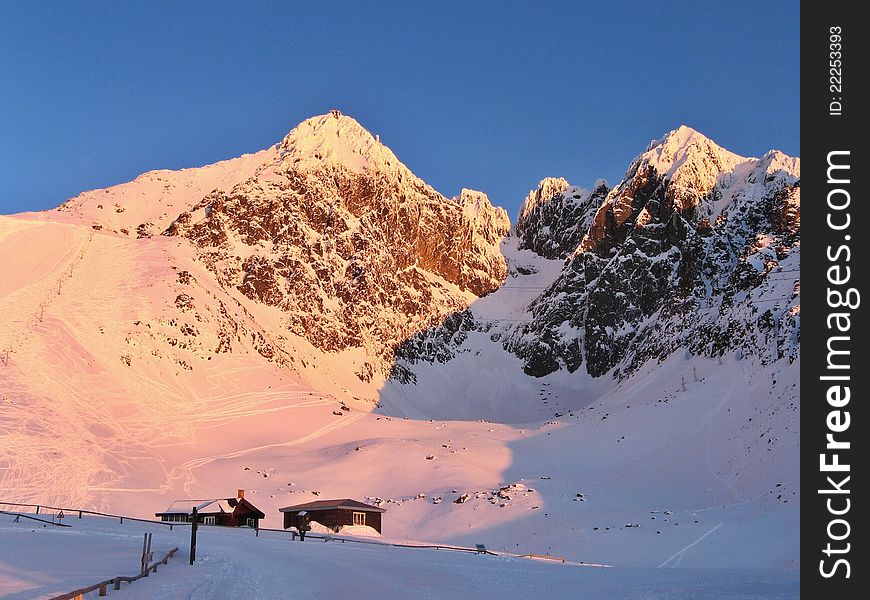 Sunrise in ski resort, Lomnicky stit, High Tatras, Slovakia