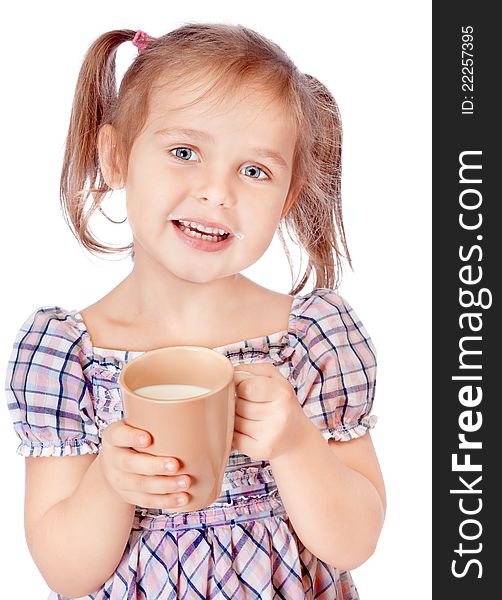 Cute girl drinks milk isolated on white