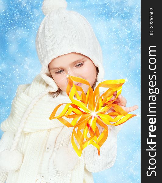 Foto-little girl in a hat on a blue background