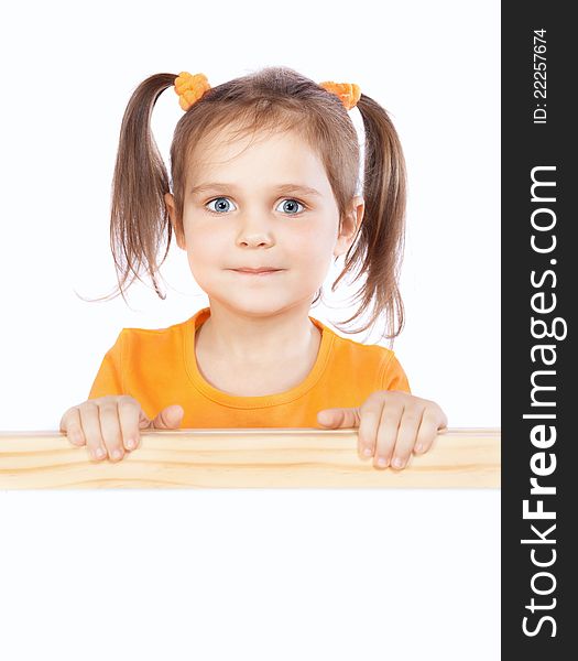 Little girl holding a billboard on a white background