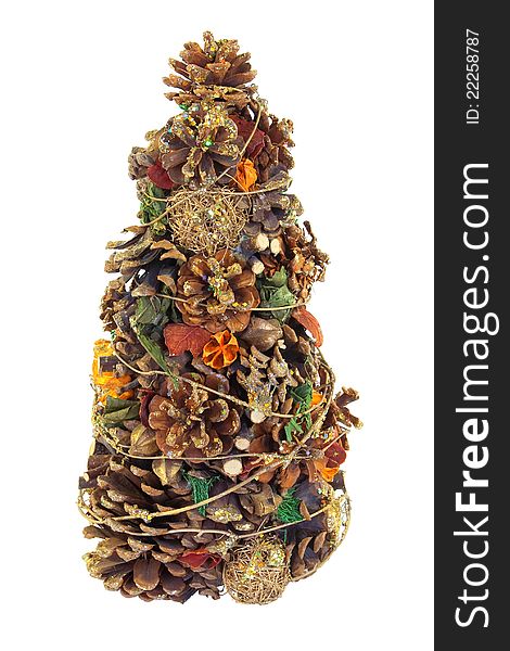 Decorated, festive Christmas tree from the cones on a white background