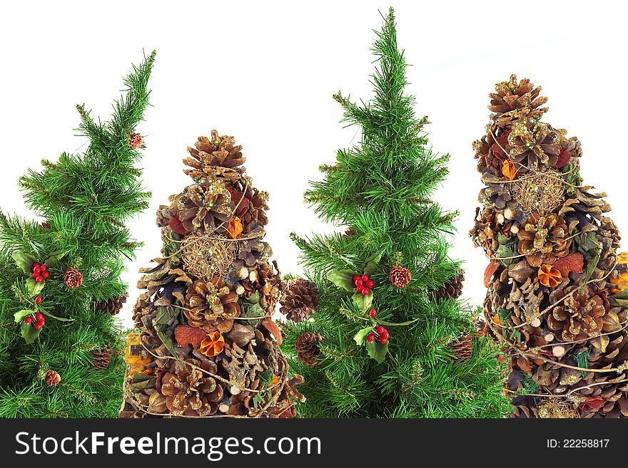 Decorated, festive Christmas trees on a white background