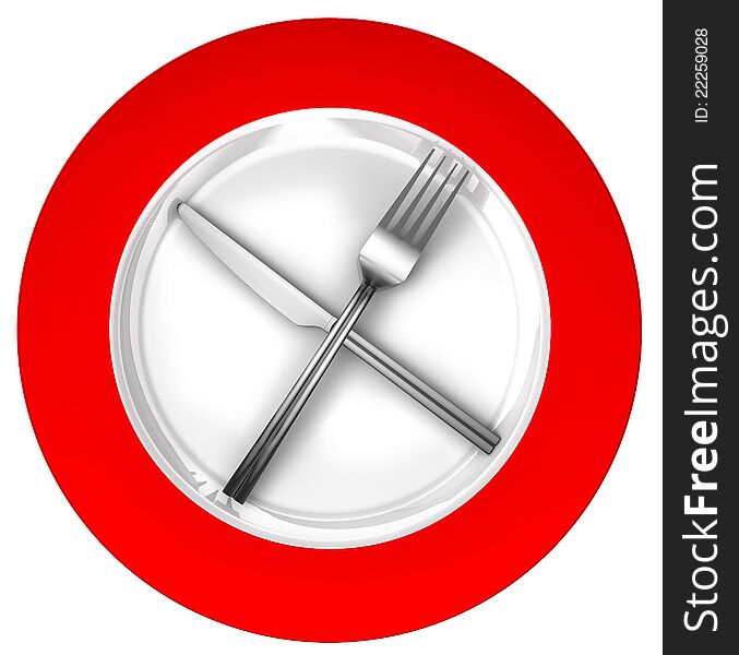 Diet concept sign red and white with metal fork and knife isolated on white background