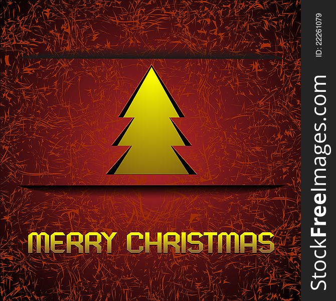 Gold Christmas tree on original red background .Vector card.