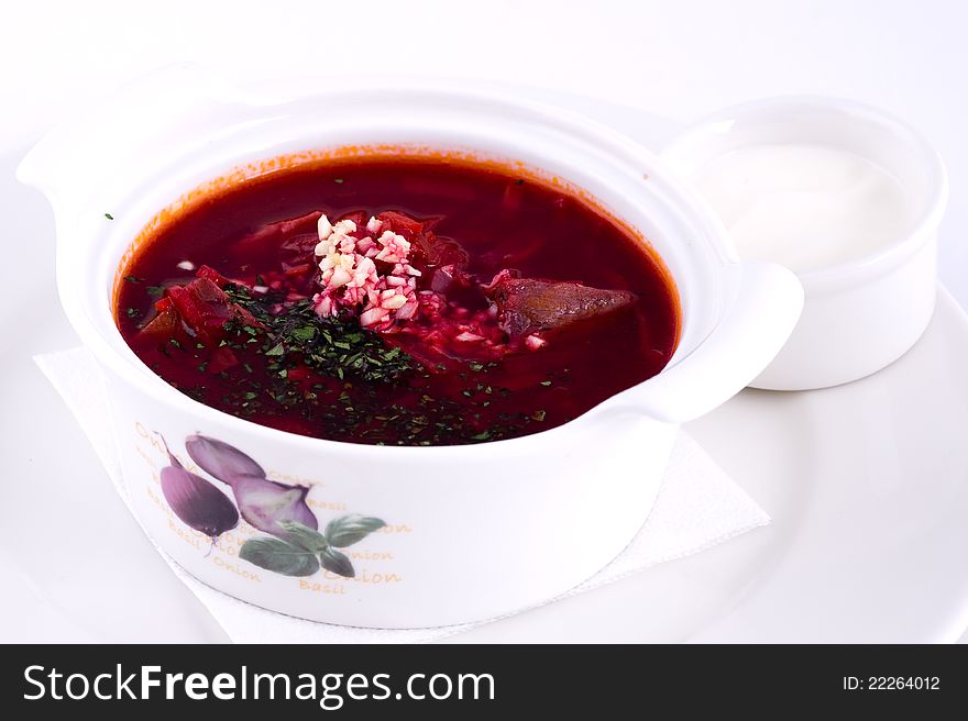 Borscht. Russian and Ukrainian soup with sour cream