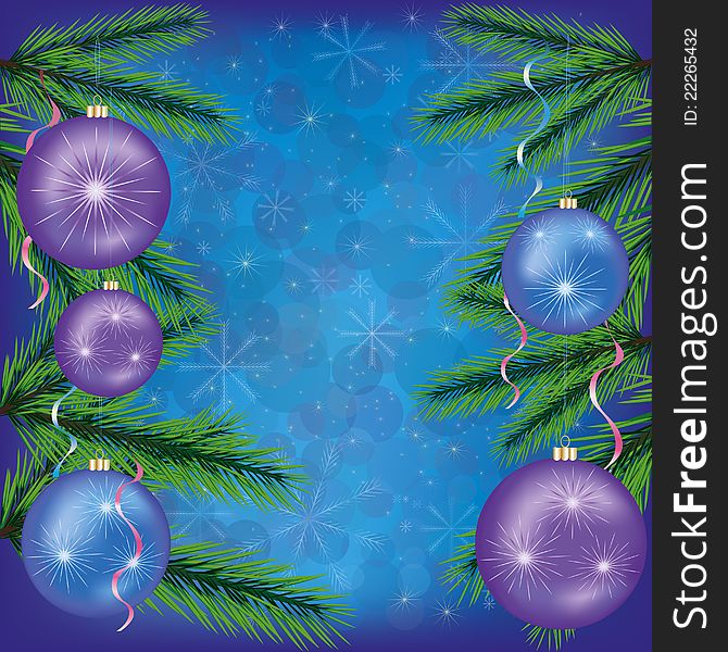 Festive New year and Christmas background with christmas balls, branch of a fir-tree, snowflakes and decorative bubbles. Vector illustration.EPS 10 with transparency. Festive New year and Christmas background with christmas balls, branch of a fir-tree, snowflakes and decorative bubbles. Vector illustration.EPS 10 with transparency.