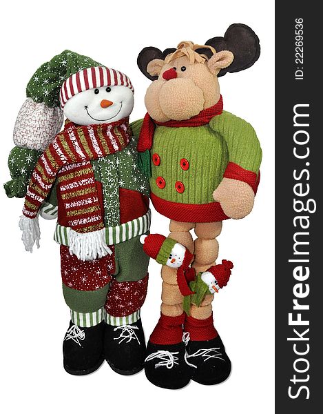 Snowman with santa reindeer on white background