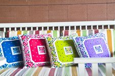 Colorful Pillows With Brown Brick Wall Stock Photo Colorful Pillows With Brown Brick Wall Stock Photo