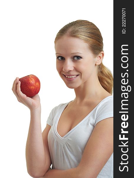 Pretty girl holding a red apple on a white background