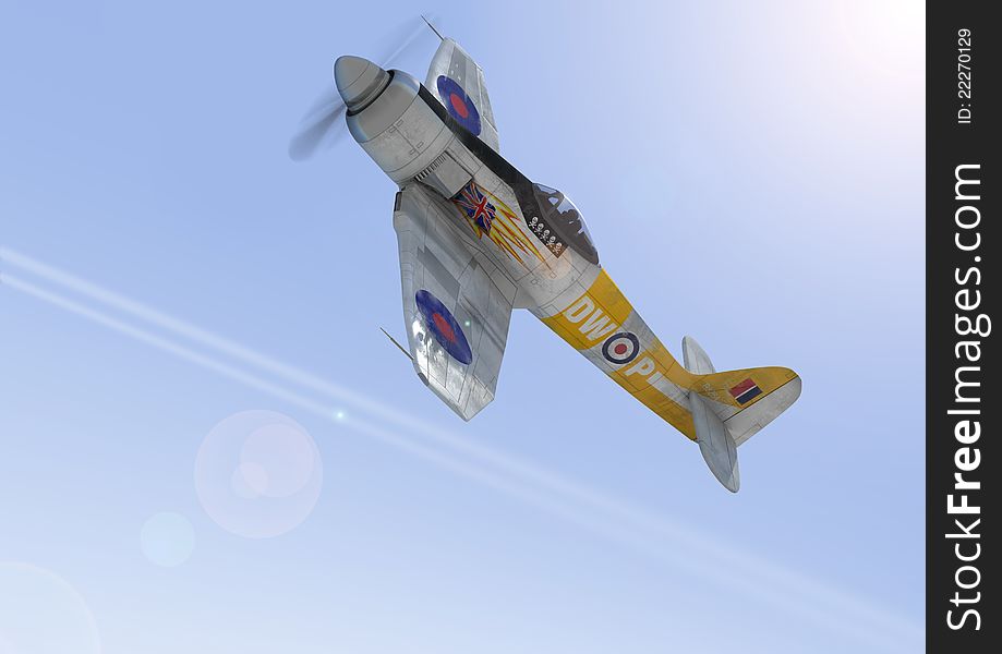 Classic era Hawker Sea Furie at altitude starting a slow barrel role at midday. Classic era Hawker Sea Furie at altitude starting a slow barrel role at midday