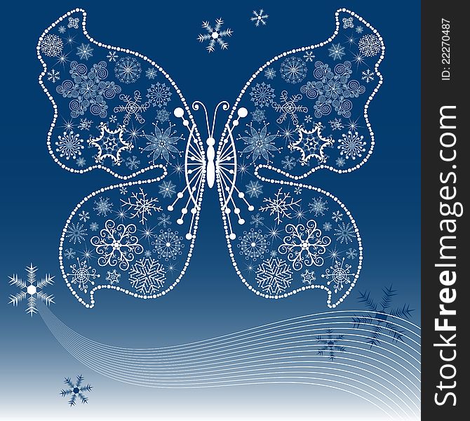 Christmas dark blue background with snowflake-butterfly