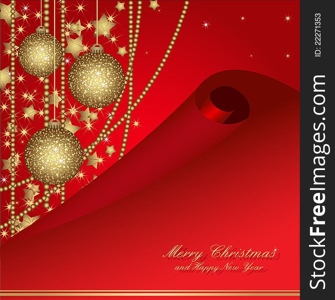 Christmas card with gold balls and tinsel. Christmas postcard for your design. All elements are in separate layers and grouped, easy to edit. Christmas card with gold balls and tinsel. Christmas postcard for your design. All elements are in separate layers and grouped, easy to edit.