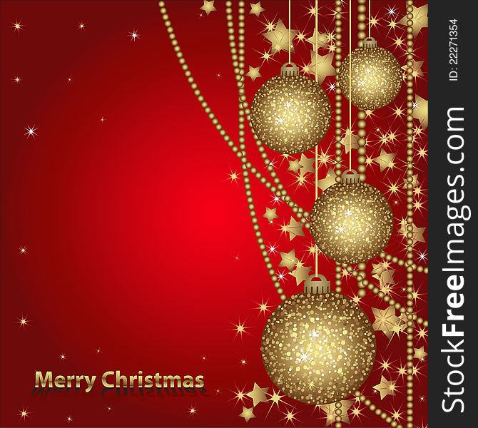 Christmas card with gold balls and tinsel. Christmas postcard for your design. All elements are in separate layers and grouped, easy to edit.