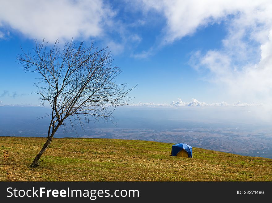 Tent on a grass under white clouds and blue sky
