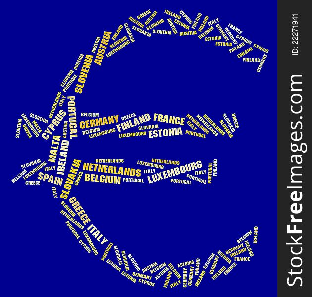 The euro symbol made with words, with the countries adopting the euro currency