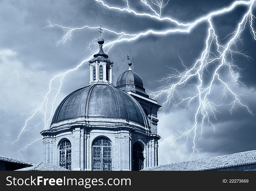 Ancient dome of the cathedral under dramatic sky