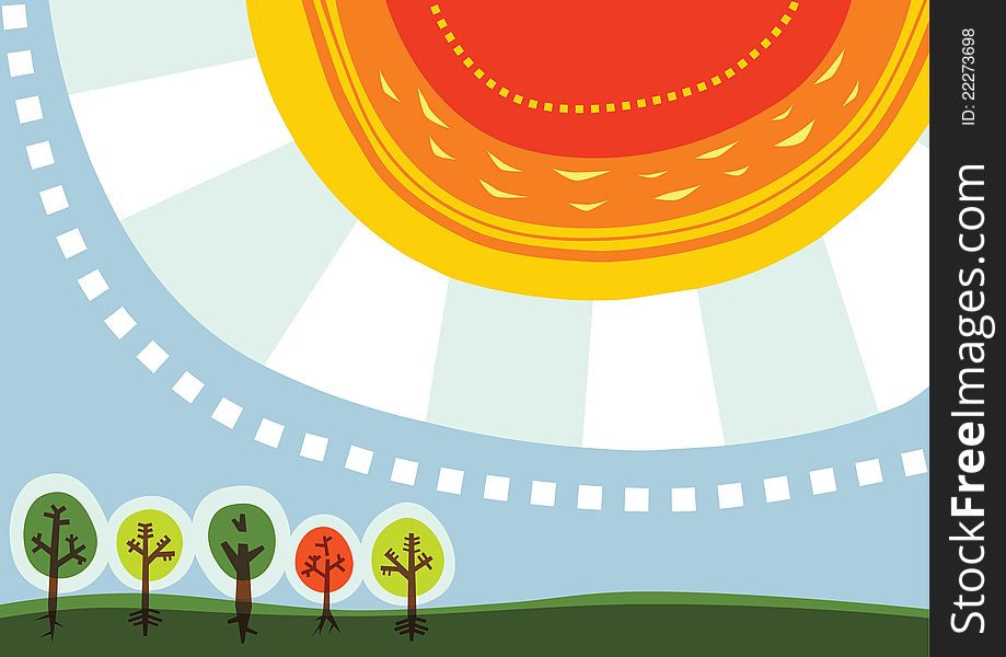 Vector cartoon illustration of a big hot sun and landscape with trees. Vector cartoon illustration of a big hot sun and landscape with trees