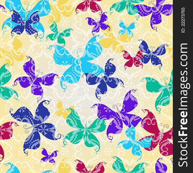 Seamless transparent vintage pattern with silhouettes colorful butterflies. Seamless transparent vintage pattern with silhouettes colorful butterflies