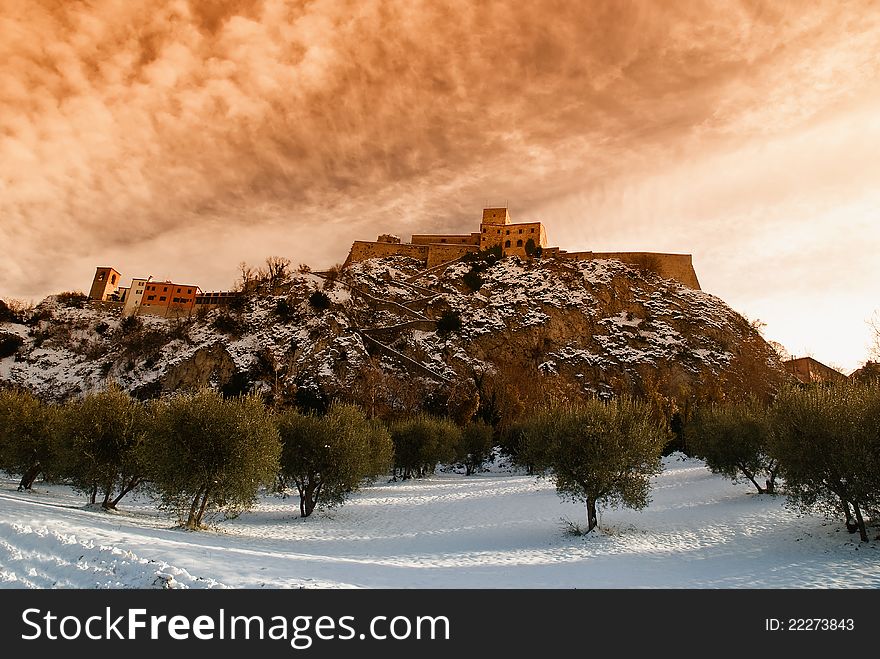 Medieval village at sunrise with nice sky. Medieval village at sunrise with nice sky