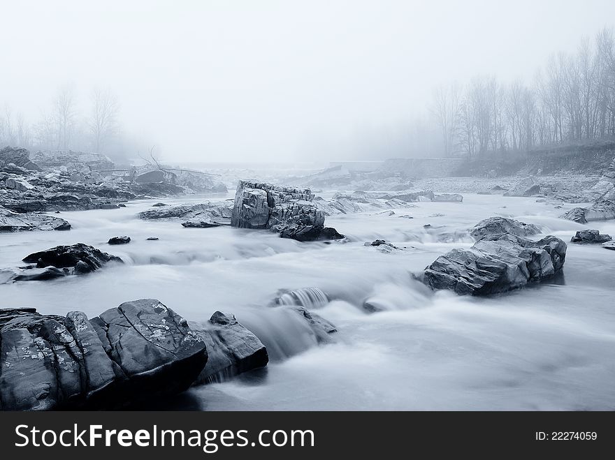 River with soft water and fog. River with soft water and fog