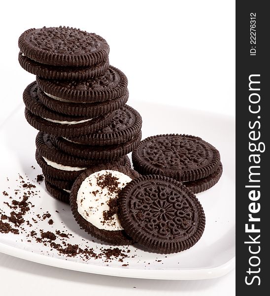 Chocolate biscuit cookies on white plate