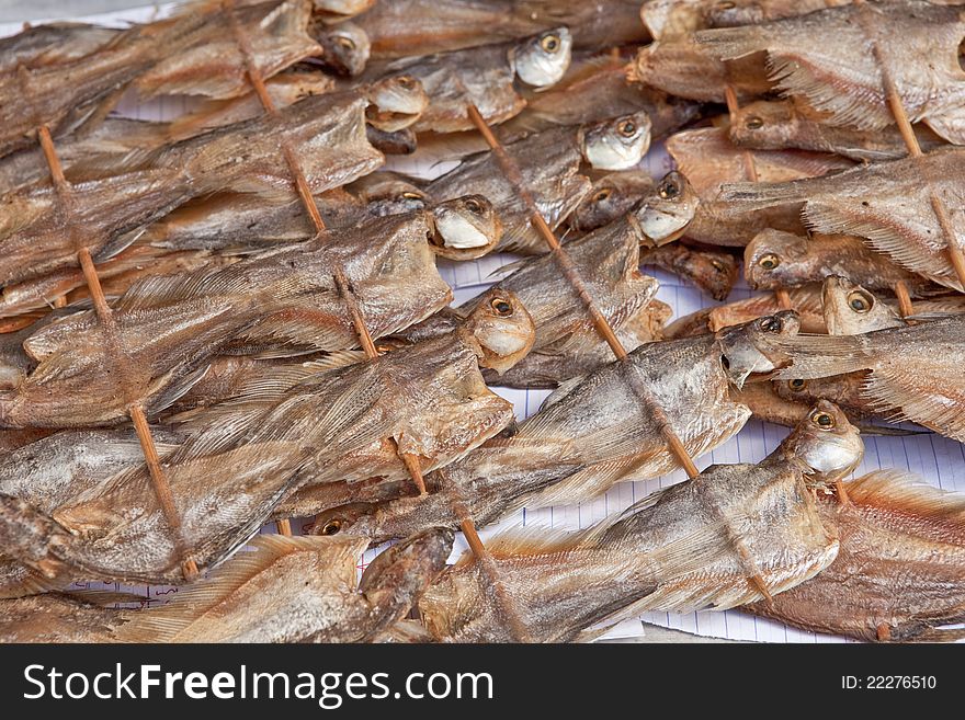 Traditional Thai style dry fishes in market