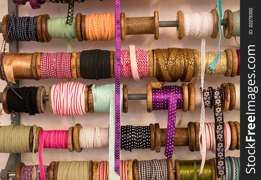 Variety selection of decorative colorful ribbons in hand craft shop. Variety selection of decorative colorful ribbons in hand craft shop