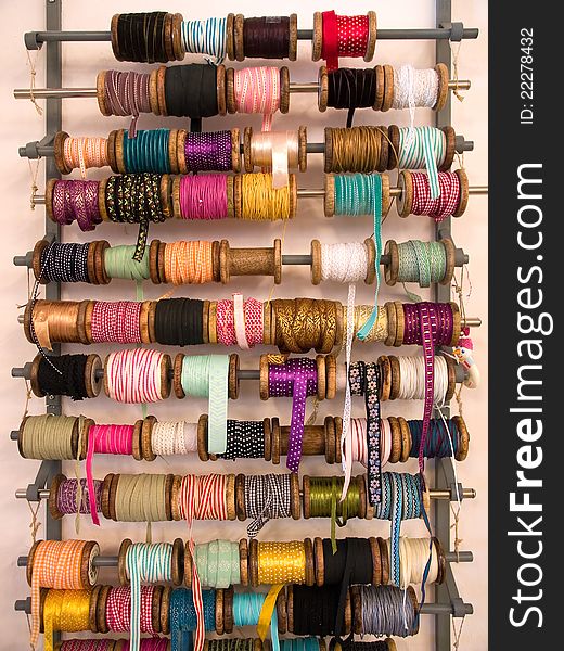 Variety selection of decorative colorful ribbons in hand craft shop. Variety selection of decorative colorful ribbons in hand craft shop